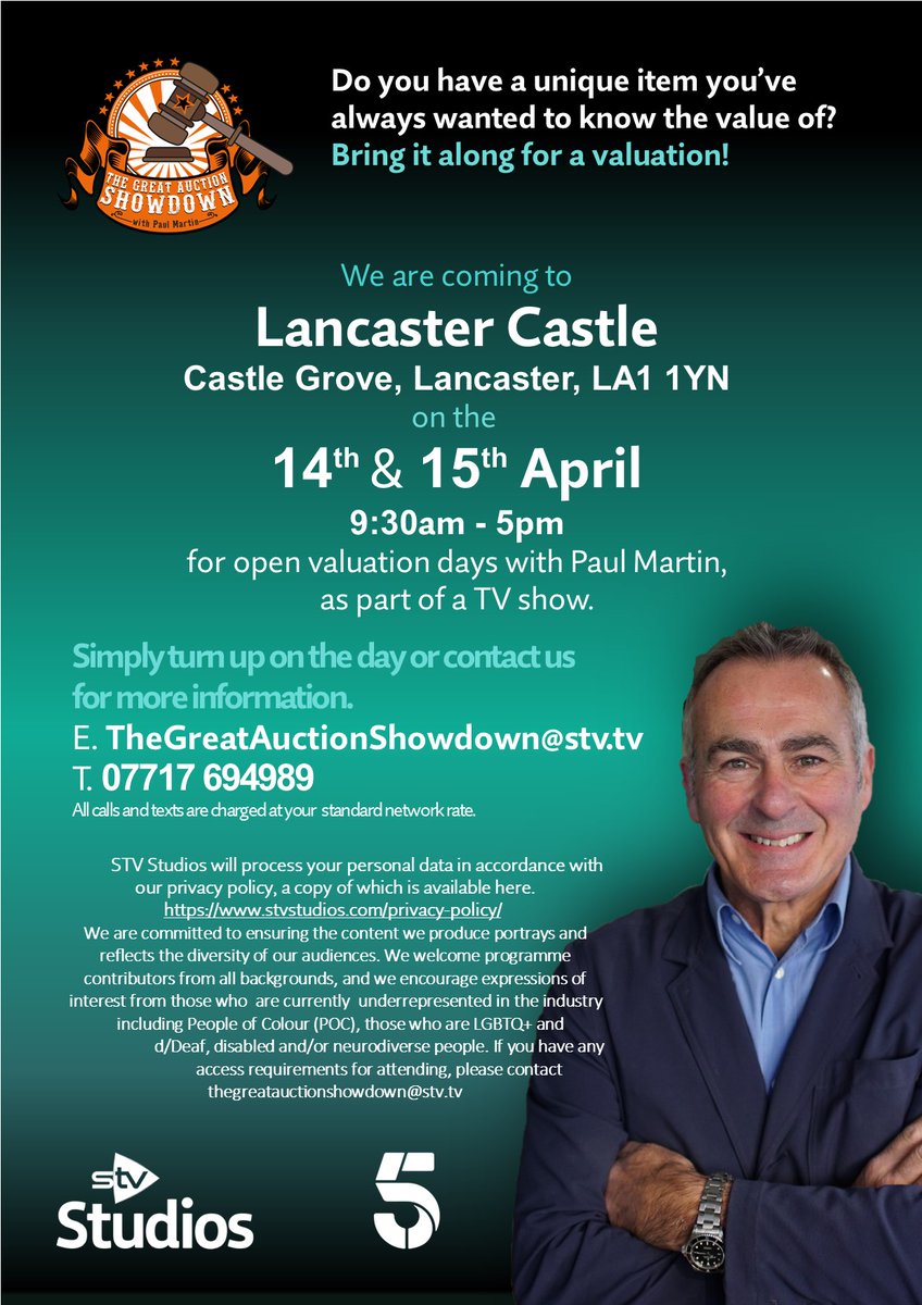 We are delighted to announce that we will be at Lancaster Castle for our next free valuation days on the 14th & 15th of April from 9:30am - 5pm. Simply turn up on the day or get in touch with the team for more information. E. TheGreatAuctionShowdown@stv.tv T. 07717 694989