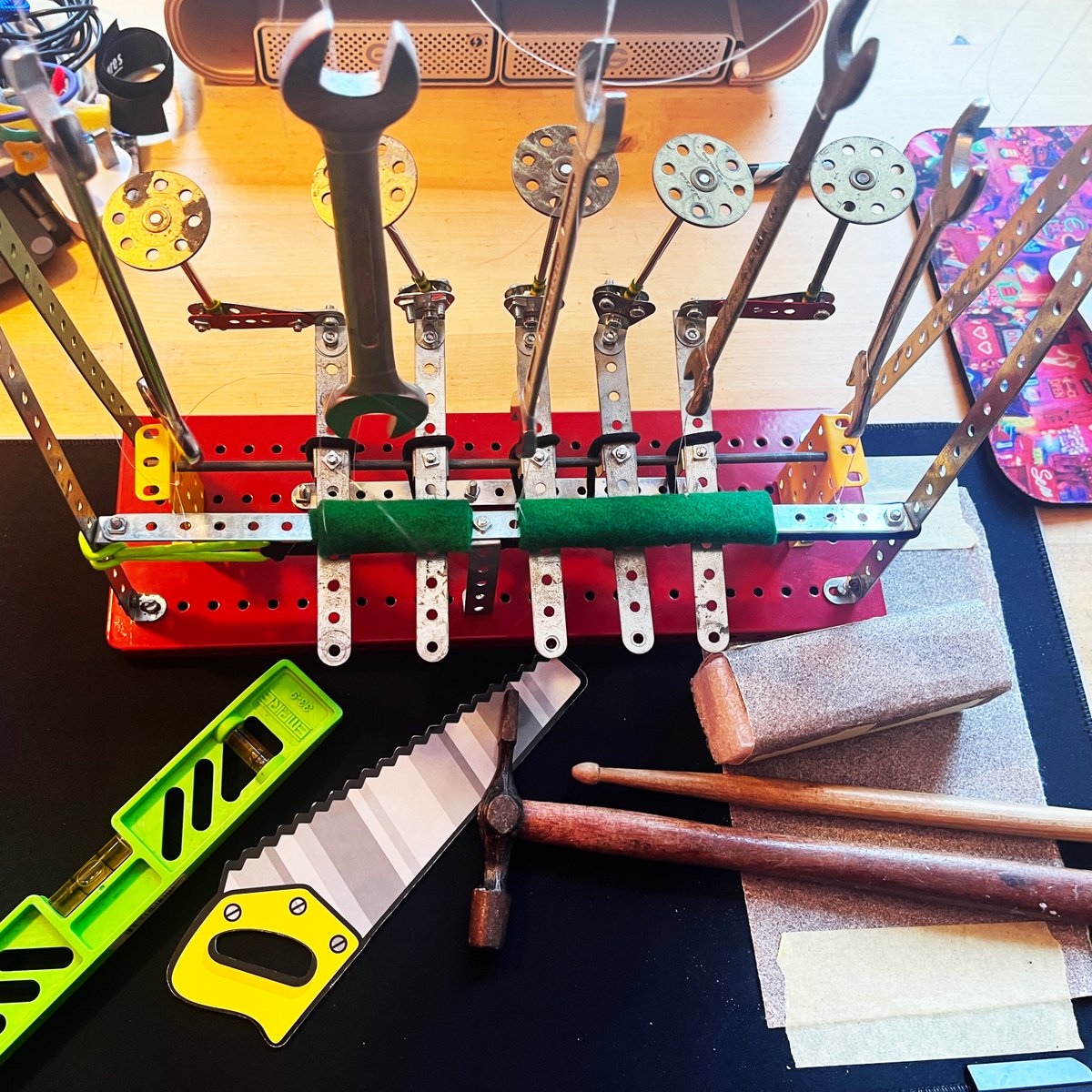 KoggMusic's tweet photo. KOGG are getting tooled-up ready for our session with @state51 tomorrow - thanks to @nonclsscl. Drumsticks have been sharpened and fresh sandpaper prepared! #experimentalmusic #newmusic #weirdelectronicmusic #meccano #homemadeinstruments #diy https://t.co/FSBQV3u96V