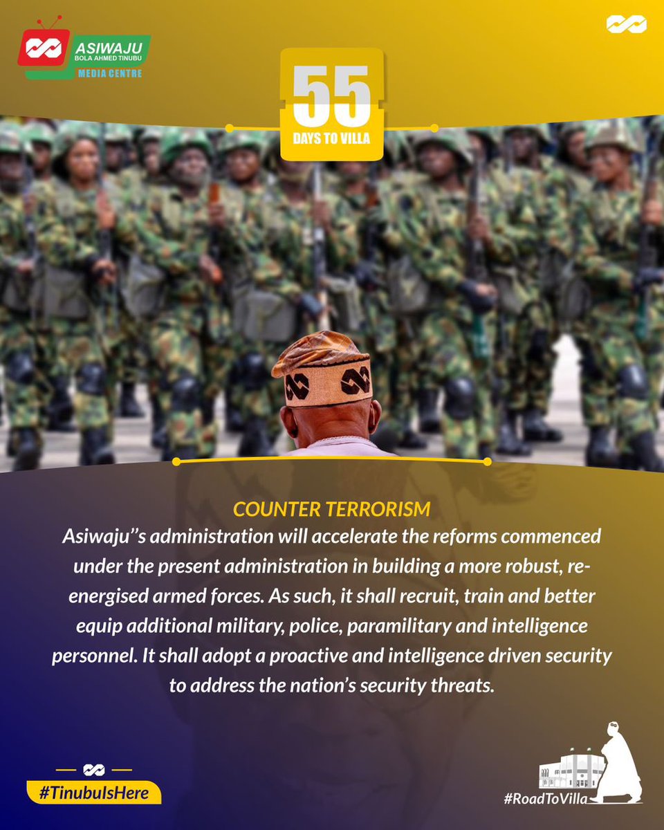 I am excited about the Bottom-Up approach the Tinubu Administration is going to execute in tackling our security issues while consolidating on the Buhari Administration successes.

Recruit. Train. Retrain. Innovate. Equip. 

#RoadToVilla #TinubuIsHere #TinubuOurPresident