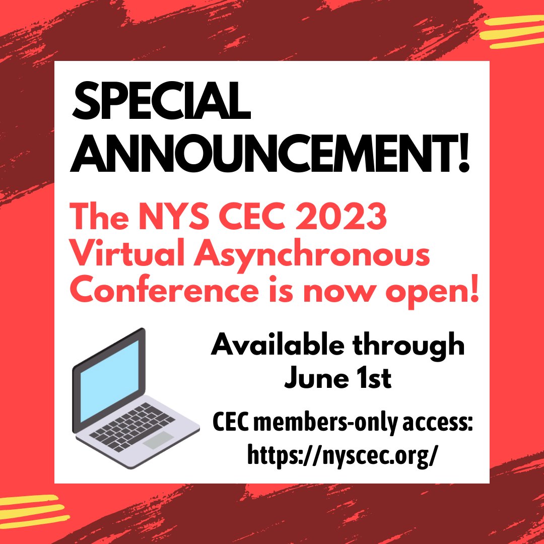 NYS_CEC's tweet photo. 🎉 Announcing... the NYS CEC 2023 Virtual Asynchronous Conference is now open!

Now available through June 1st

For CEC members-only access, visit: https://t.co/g9RQVwx2f3 https://t.co/1MO5aQwMZa