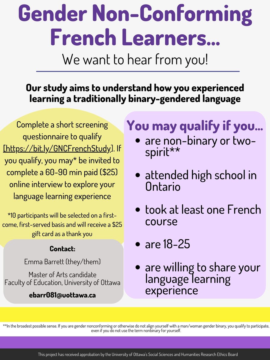 Have you ever taken a French course in an Ontario high school?
Are you non-binary (in the broadest possible sense)?

Take a short screening questionnaire to see if you qualify for a paid interview about your language learning experience: bit.ly/GNCFrenchStudy