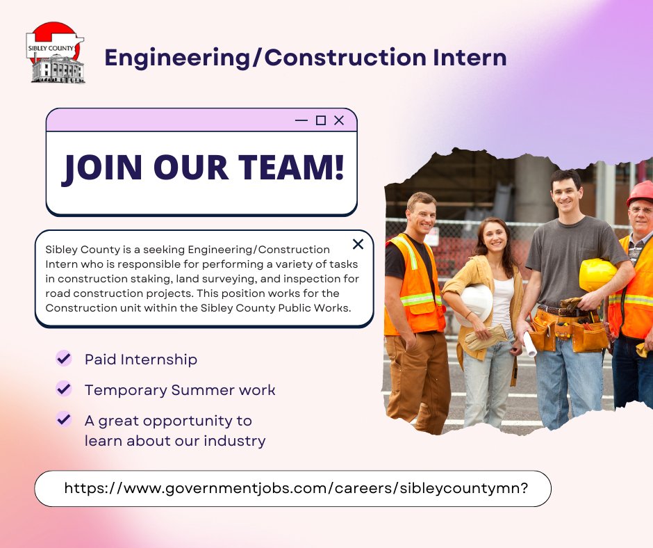 CountySibley's tweet photo. Sibley County is a seeking Engineering/Construction Intern.
APPLY TODAY:
https://t.co/TqAwcAA8rS? https://t.co/c42TZKJQNl