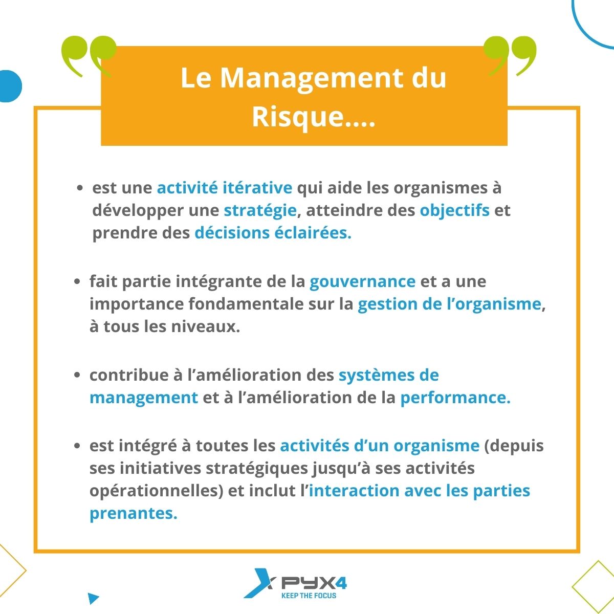 Pyx4_FR's tweet photo. Anticipation des tendances, meilleure organisation des carrières,  aide à la prise de décision, atteinte des objectifs... vous voulez connaître la recette magique ? 🪄

Le management du #risque ! ⚡

➡️Voici un extrait de ce que nous en dit l’ISO 31000. https://t.co/Cv0rstGftQ