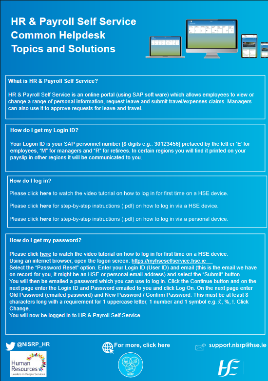 NiSRP_HR's tweet photo. Are you getting the most out of HR & Payroll Self Service?
Check out the Common Helpdesk Topics and Solutions
Click here to view download the document.
https://t.co/lsmxMipATr
#onesystemforall https://t.co/Cv7P6Q8ur3