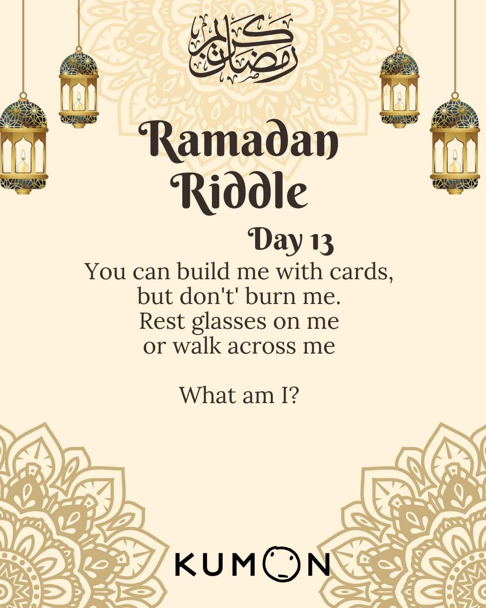 kumonbahrain's tweet photo. Ramadan Riddle Day 13
Can you guess the answer?

#ramadanriddle #ramadanpuzzle #ramadan2023 #ramadan1444 #ramadaninbahrain #brainteaser #fasting #learningdoesntstop #kumonbahrain #maths #reading #english #learnenglish #afterschool https://t.co/p98k3v2SUS