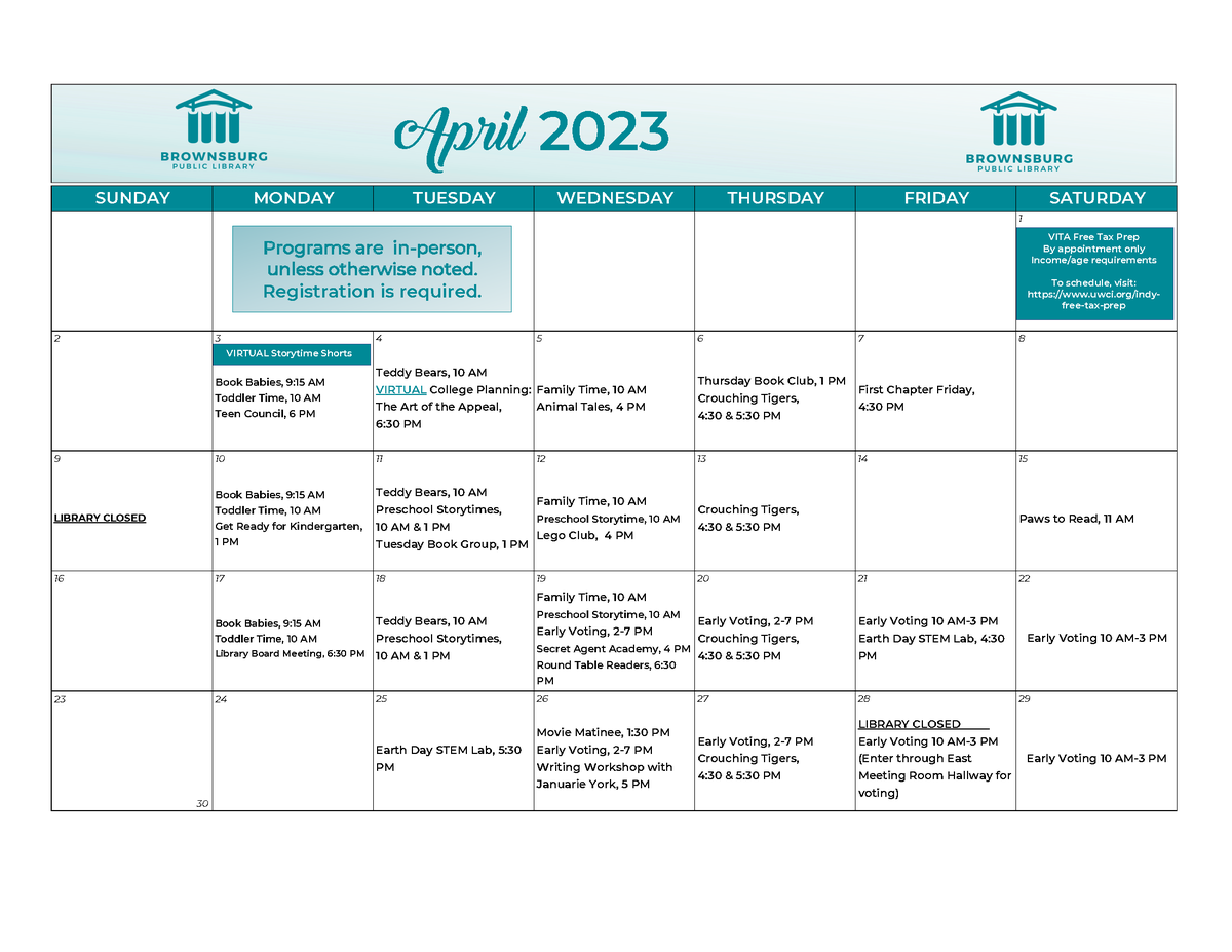 Check out our April calendar for great programs all month long! #libraryprograms #publiclibrary