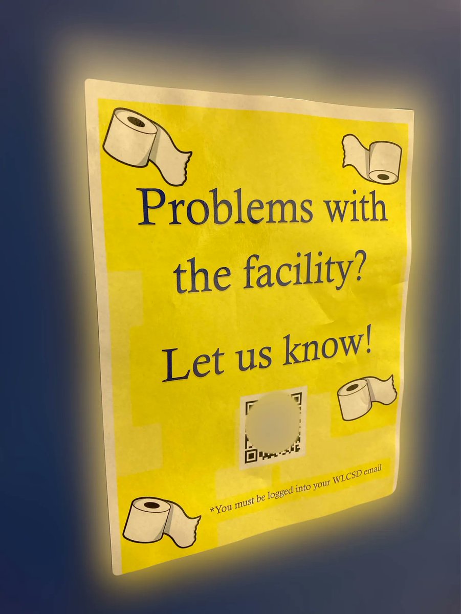 WLCentralHS's tweet photo. Bathroom out of TP?  Is there a mess that needs cleaning?  Fill out the form at the QR link on the bathroom doors, and it’ll be handled.  Login with WLC email required!

Thanks to the Principal’s Advisory Committee for help with this idea. https://t.co/AI03i7MUJP