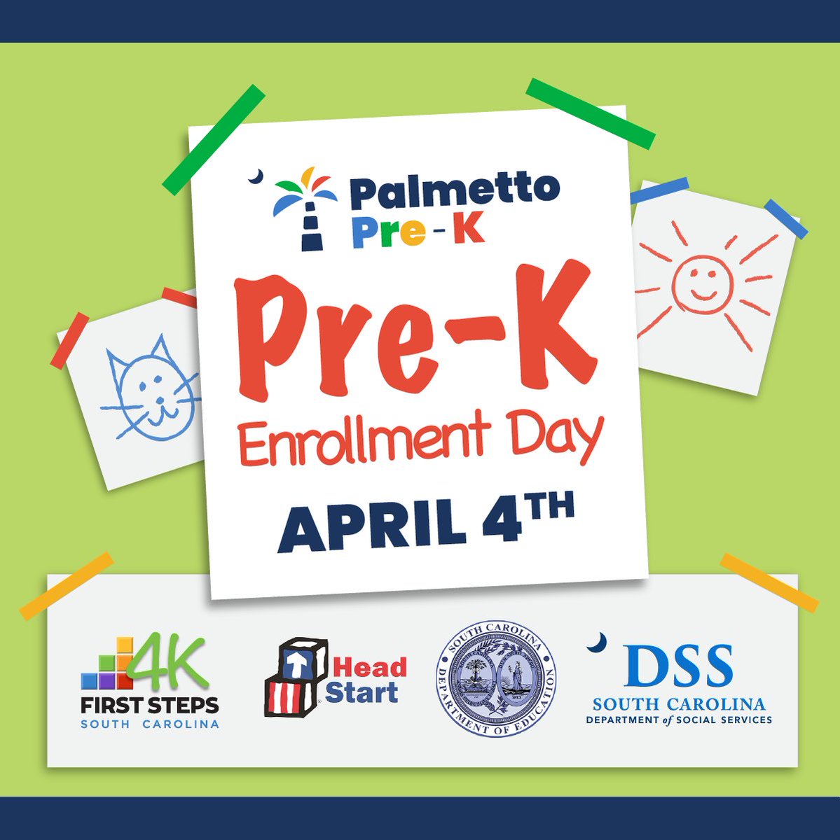 SCFirstSteps's tweet photo. Happy Pre-K Enrollment Day! ☀️ Today is the perfect day to take a big step in preparing your child for kindergarten by exploring our state's great publicly funded preschool options. Simply visit https://t.co/S9fK7XVIXg to check your child's eligibility and find programs near you. https://t.co/UHn8PrnJpX