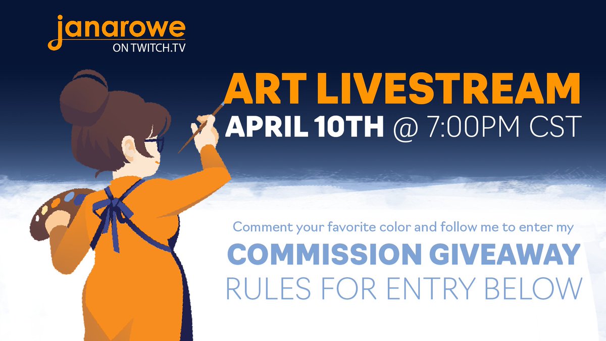 Howdy! I will be hosting a livestream event at janarowe.twitch.tv April 10th at 7:00pm CST🎨

I will be working on existing commissions and holding a commission giveaway at the end for one shaded, half-body illustration with a simple background! Rules for entry below...🖌️