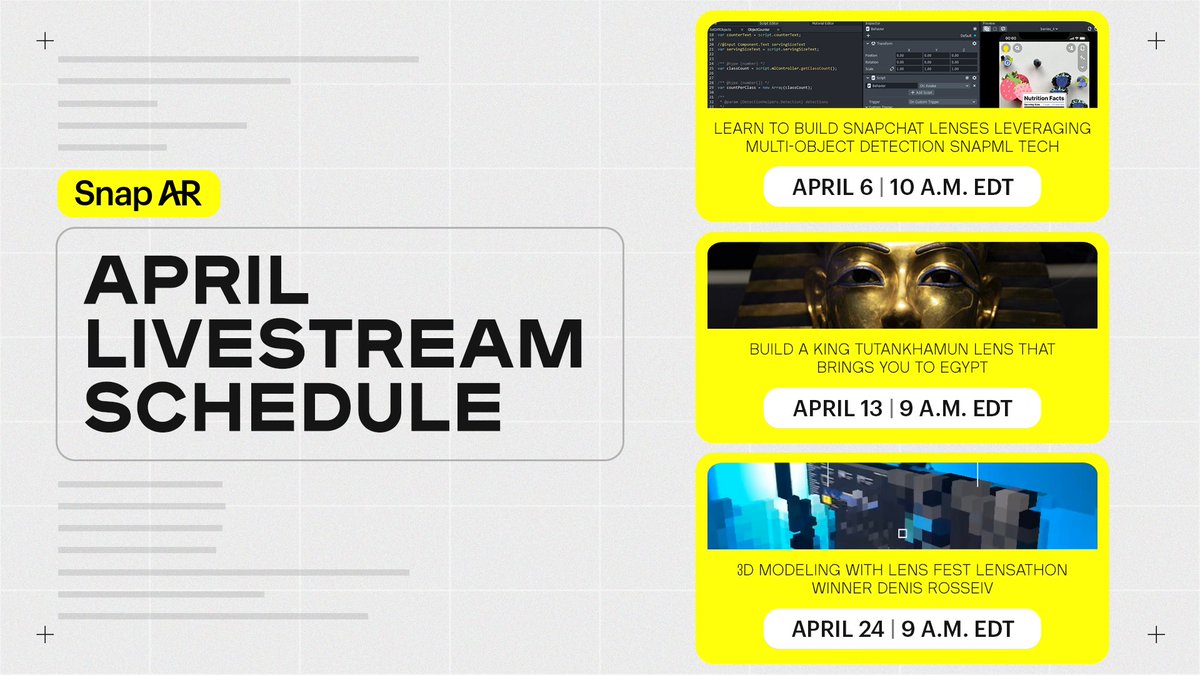 LensStudioDev's tweet photo. Grab a 📝 and 🍿 'cause April's all about livestreams! Get up to speed on Machine Learning, and learn some new Lens skills from our most recent #Lensathon winners. Find all of our livestreams at https://t.co/mEU4Viao4i https://t.co/YM79TwGEAz