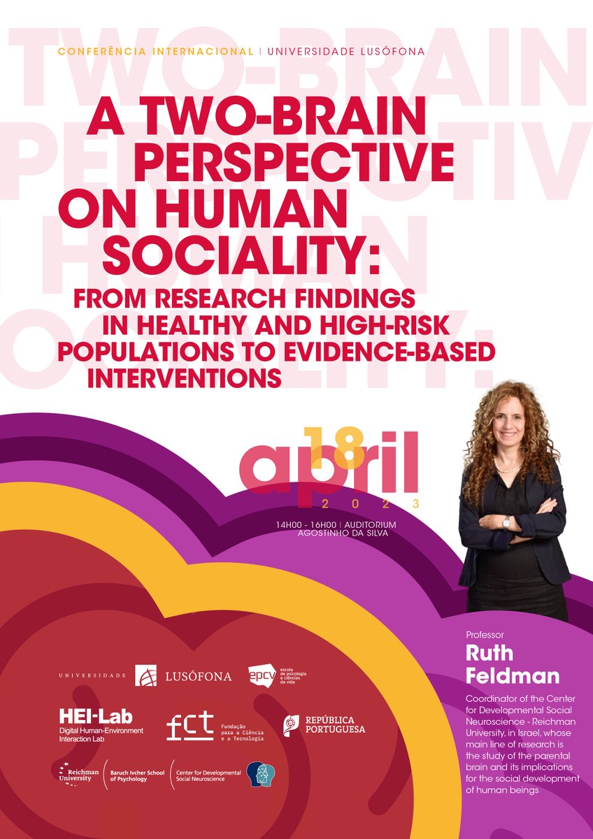 HEI_lab_Human's tweet photo. "A two-brain perspective on human sociality: from research findings in healthy and high-risk populations to evidence-based interventions"
18 de abril, 14h00-16h00, no Auditório Agostinho da Silva
Entrada Livre
#heilab
#research
#lusofona https://t.co/rLqW0F16P4