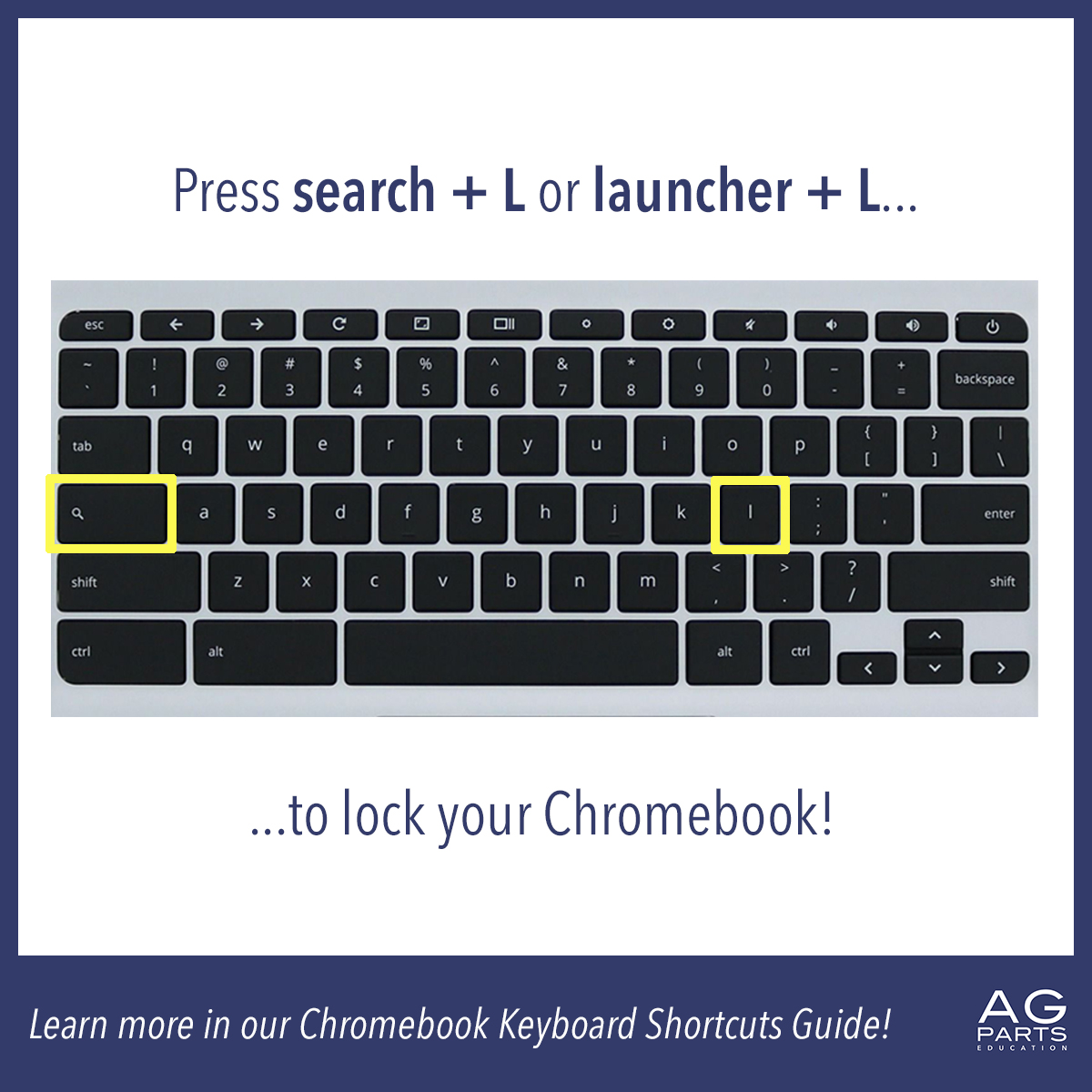 Locking your Chromebook is quick and easy with this simple keyboard shortcut: search + L or launcher + L.

Learn more in our Chromebook Keyboard Shortcut Guide: hubs.ly/Q01K2R5m0

#AGPartsEducation #Chromebooks #KeyboardShortcut #EdTech