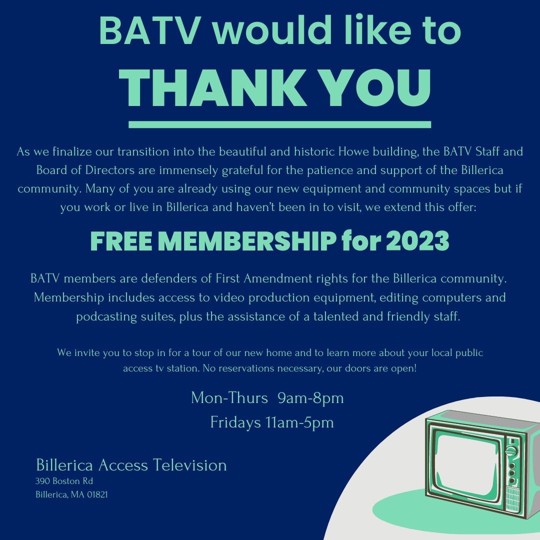 Announcement for all that work or live in Billerica: 
FREE MEMBERSHIP for 2023