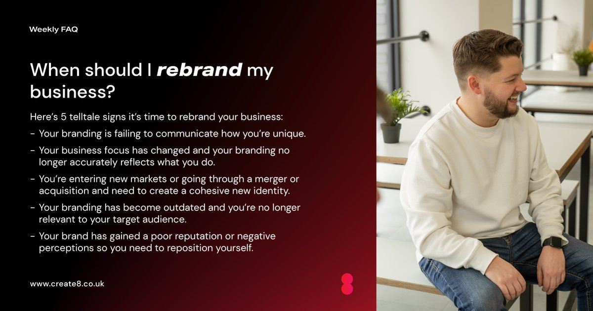 Create8Ltd's tweet image. Are you thinking about rebranding your business? Here’s 5 telltale signs it’s time to take the plunge.

#Create8 #BrandingTips #BrandingForSmallBusinesses