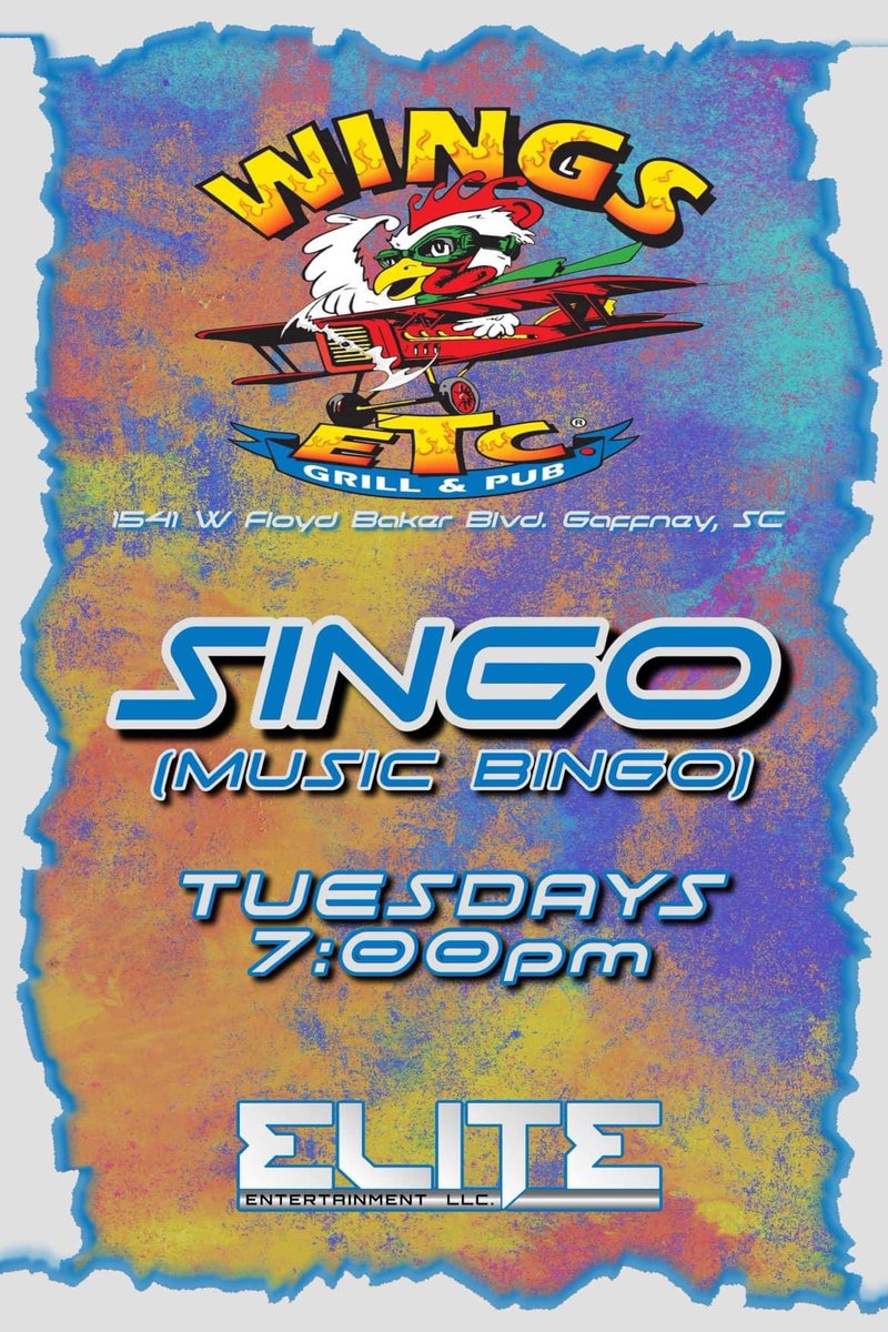 EliteEntertai20's tweet photo. 🚨🚨🚨 Tonight’s the Night 🚨🚨🚨

It’s time for Singo (aka Music Bingo) at Wings Etc. in Gaffney!!! Free to play and fun for the whole family!!! We’ll see you at 7!!!

#singo #musicbingo #tuesday #tuesdaynight #WingsEtc #Gaffney #gaffneysc #cherokeecountysc https://t.co/WDupd7kO0G