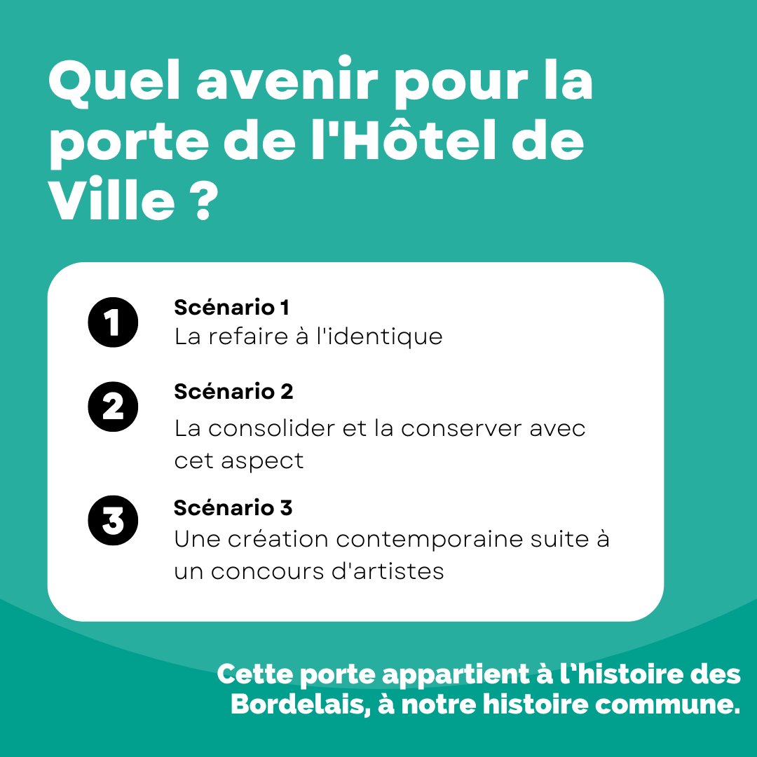 Je viens d’annoncer en conseil municipal une consultation citoyenne pour que les bordelais soient associés sur le devenir de la porte de l’Hôtel de Ville.
Trois scénarios seront étudiés et soumis. ⬇️
 #CMBDX
