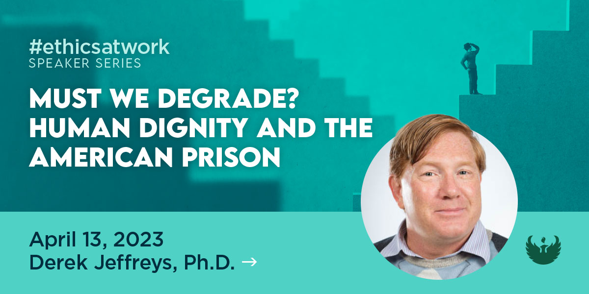 uwgbcpe's tweet photo. Join Professor Jeffreys on Thursday, April 13, 4-5 p.m. for a free #ethicsatwork discussion on Zoom. “Must We Degrade? Human Dignity and the American Prison” will consider the nature and justification of punishment in the American criminal justice system Learn more on our website https://t.co/0178rdejPm
