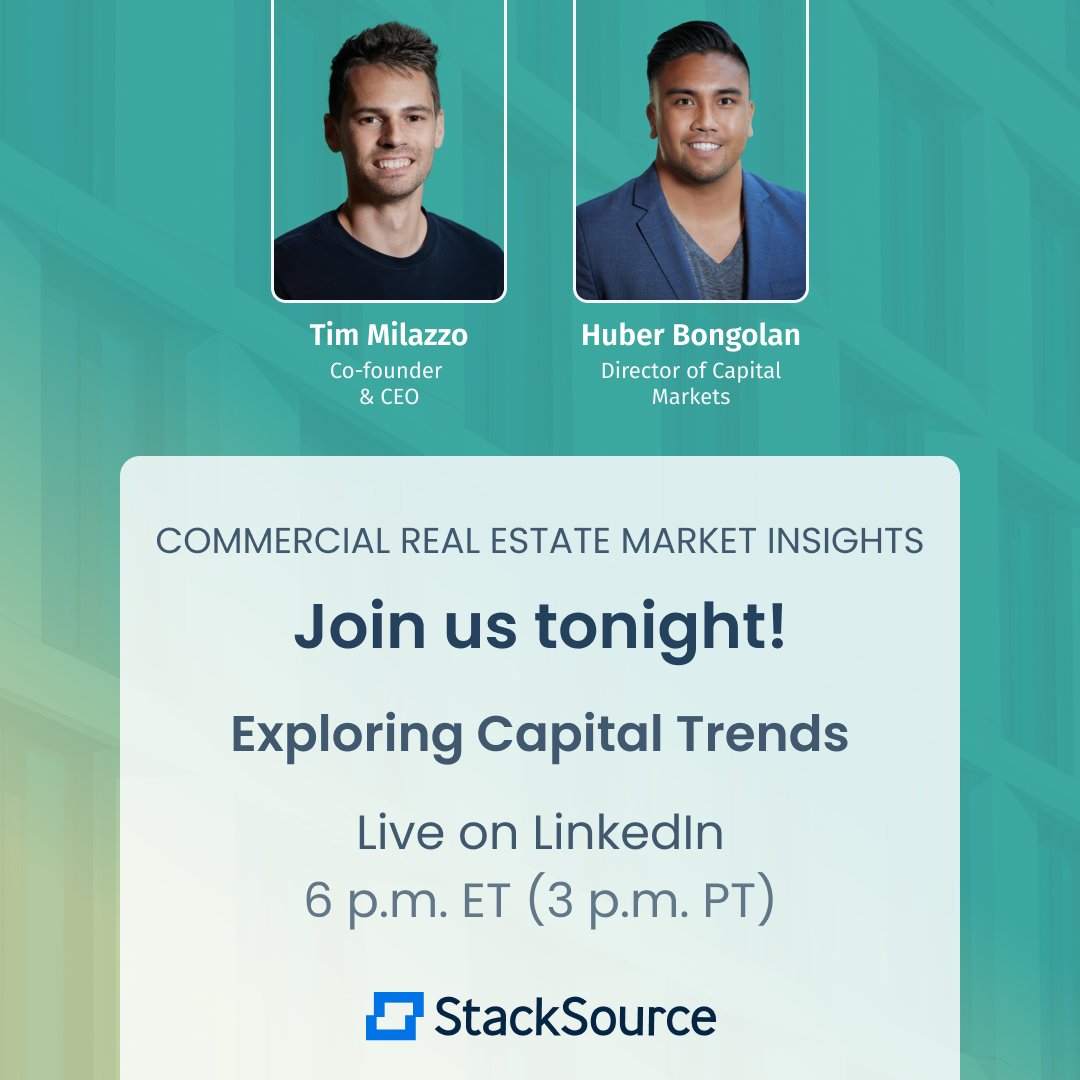 StackSource's tweet image. Don’t forget to join us tonight at 6 p.m. ET! CEO Tim Milazzo and Director Huber Bongolan will talk through the current state of the commercial real estate capital markets, providing a March recap.

Register to attend: hubs.la/Q01K7-7s0

#LinkedinLive #StackSource #CRE