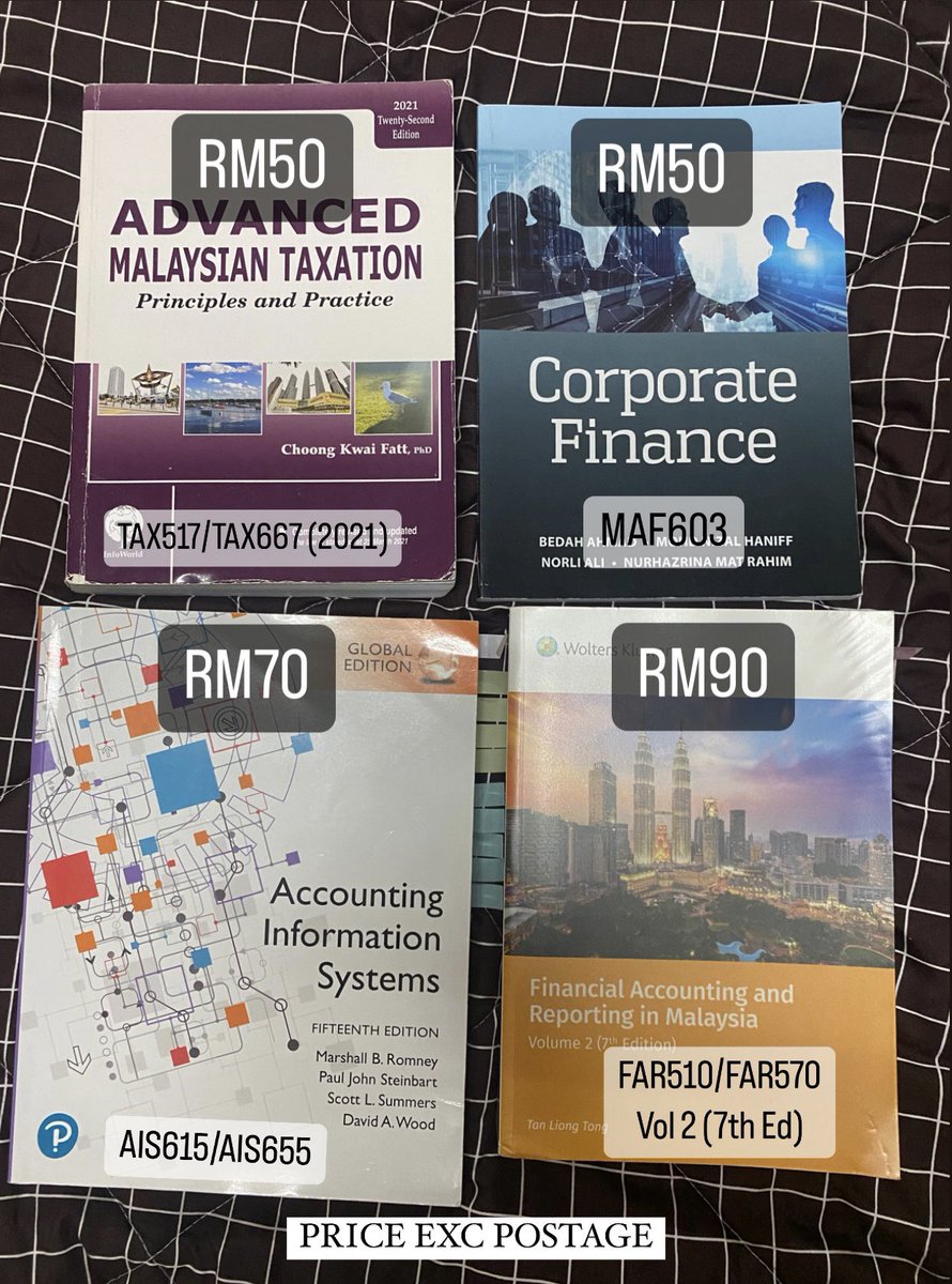 happyshopzz's tweet photo. Books to letgo AC220

TAX517 / TAX667 2021 Ed. (RM50)
MAF603 (RM50)
AIS615 / AIS655 (RM70)
FAR510 / FAR570 Vol 2 (RM90)

price exc postage *ikut berat by jnt
can pickup at uitm segamat
#bukuuitm @SMFPerakaunan @abaccsuitm @bukusenior @meba_official https://t.co/5KVg8u1jMR
