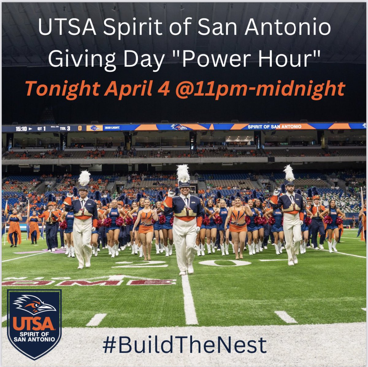 UTSA Giving Day begins tonight! Watch our Live “Power Hour” on Facebook with the UTSA Pep Band, Pom Squad and Indoor percussion ensemble beginning at 11pm tonight, April 4th.

#utsasosa #SpiritofSanAnontio #BuildtheNest