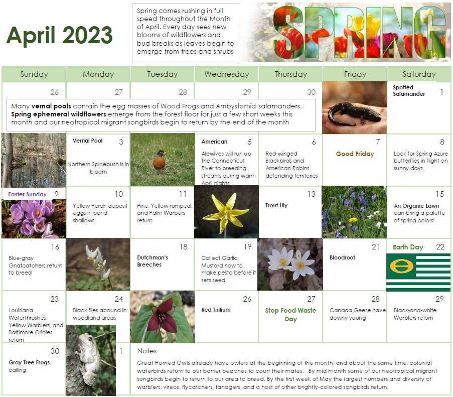 Mother Nature stomps on the accelerator in April as Spring rushes in. Check out April's monthly calendar 
#CTNature #April #Outdoors #Connecticut