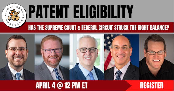 AdamMossoff's tweet photo. ICYMI the conference last month, you can watch this great panel discussion on patent eligibility today at Noon. REGISTER HERE: https://t.co/nMKdSnI1Lx @ipwatchdog #fix101 #PatentsMatter https://t.co/rgHcMT6PGu