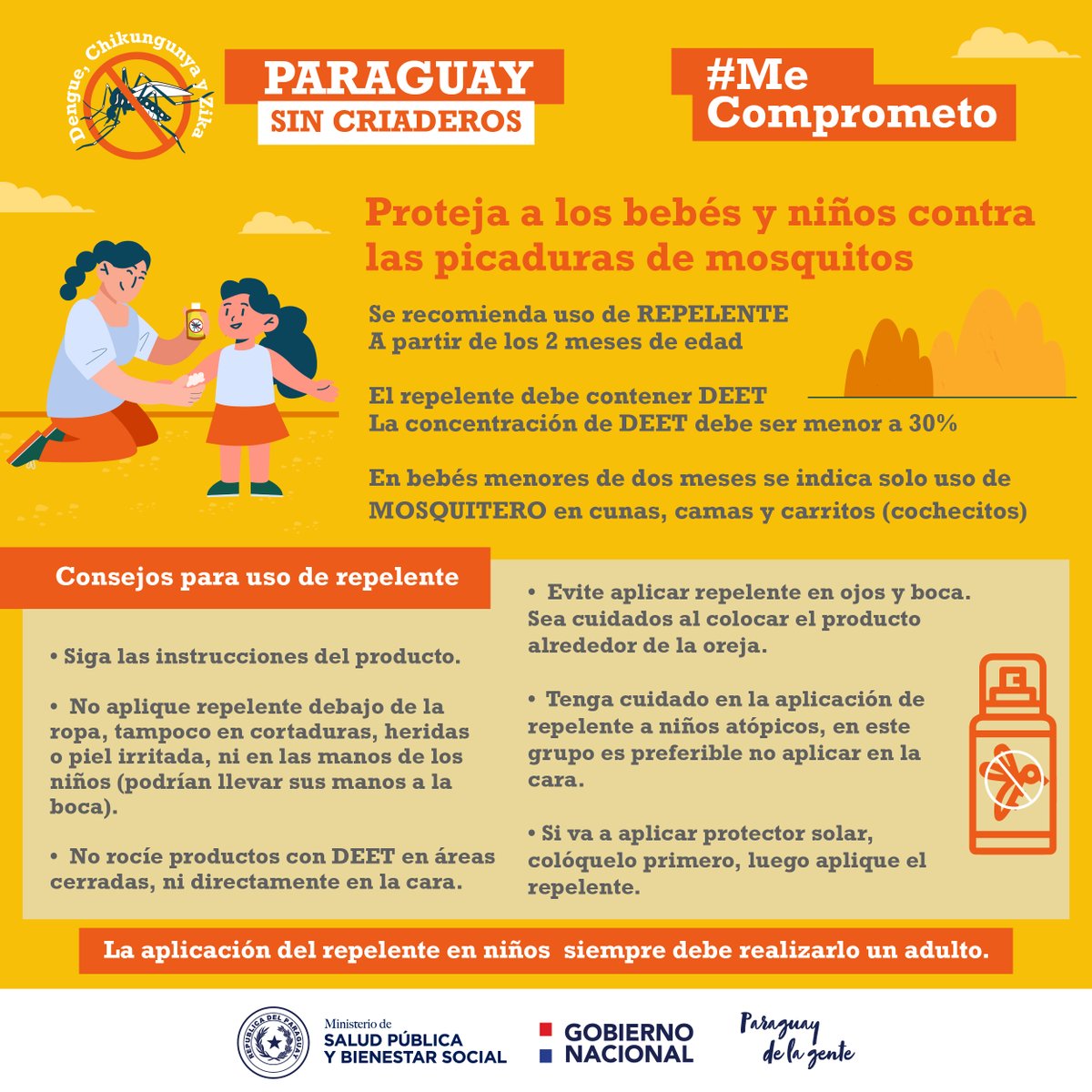 msaludpy's tweet photo. Protejamos a los bebés y niños contra las picaduras de mosquitos

🔸 Se indica el uso de repelente a partir de los 2 meses de vida y mosquitero en bebés menores de dos meses

➕ℹ️ https://t.co/wRz1sHaUpE https://t.co/eQd7M7DA0G