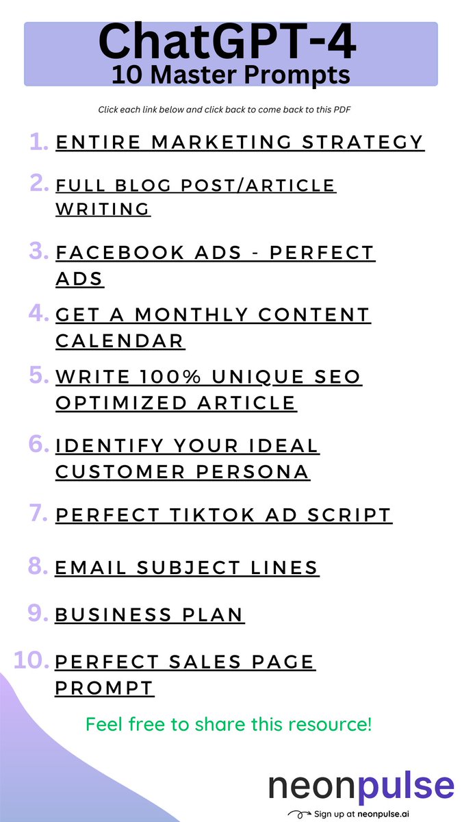neonpulsedaily's tweet photo. ChatGPT can absolutely revolutionize your work. 📈

But ONLY if you get the prompts right. 🤖

We've got you covered.

We've put together a list of our  🔟 top marketing prompts you won't want to miss.

RT &amp; comment "prompts" 
and I'll DM it 

(must be following)

#ai #chatgpt https://t.co/UHtRX4lyHF