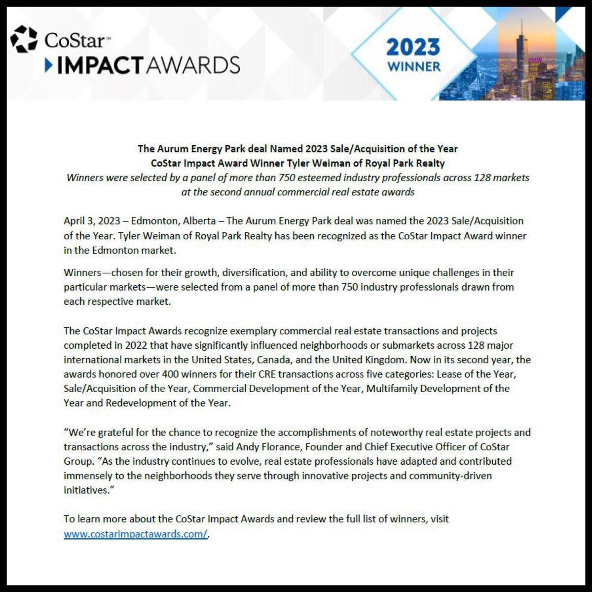 Weimsy's tweet image. I am pleased to announce that The Aurum Energy Park deal has been awarded CoStar Canada’s Impact Award for Sale/Acquisition of the Year in Edmonton, Alberta. @CoStarGroup @CoStarCanada #CoStarImpactAwards
 
View the award winners:
costarimpactawards.com/winners/