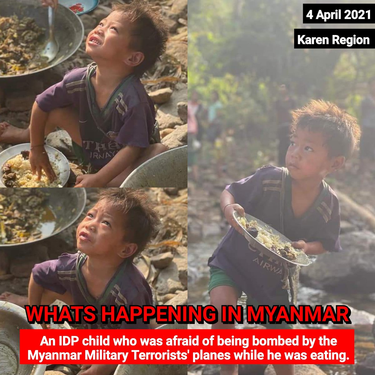 ActivistLittle's tweet photo. An IDP child who was afraid of being bombed by the #MyanmarMilitaryTerrorists' planes while he was eating. This photo was taken on 4 April 2021. The Myanmar military regime's violence against innocent people is getting worse day by day.

#2023Apr4Coup #WhatsHappeningInMyanmar https://t.co/bllmGqHApt