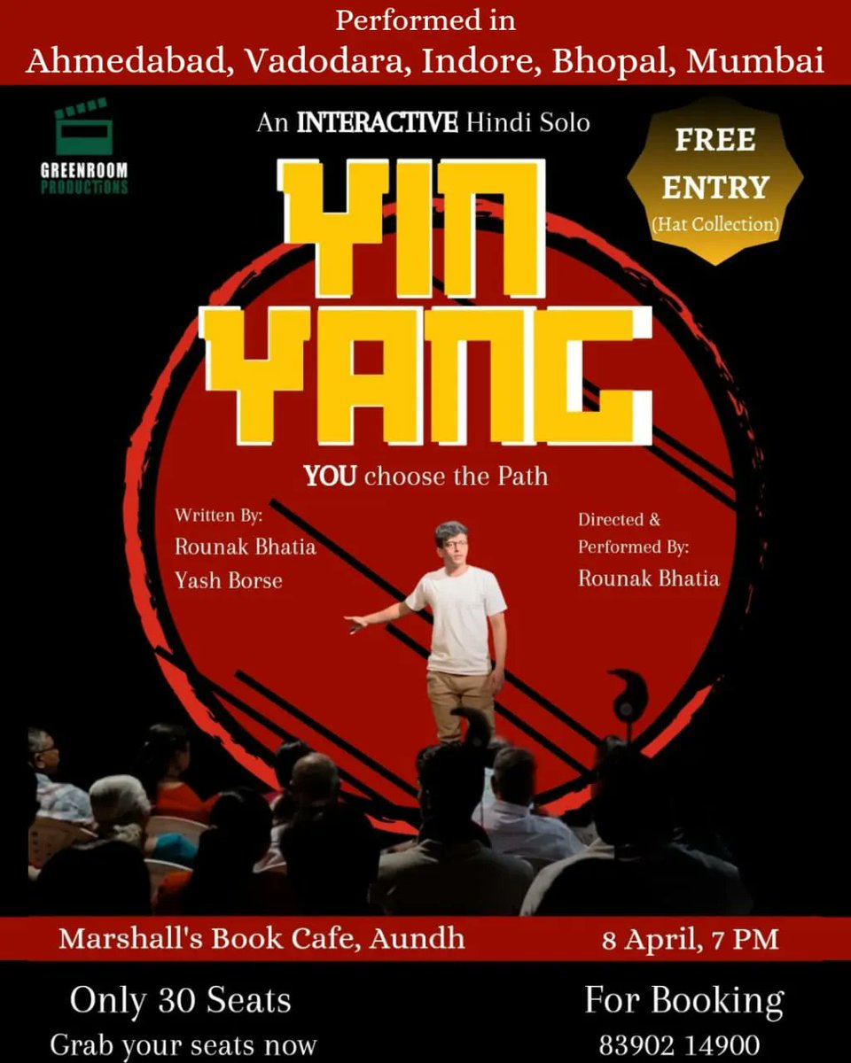 marshallsbookc1's tweet photo. GreenRoom Productions Presents 
*’Yin Yang’*
An Interactive Hindi Solo
Yin Yang is a solo act, performed across 8 different cities, where the audience decides the path of the character. 

Date: 8th April
Time: 7 PM
Venue: Marshall's Book Cafe

*Free Entry For All*
Only 30 seats. https://t.co/iayrhEzmQG