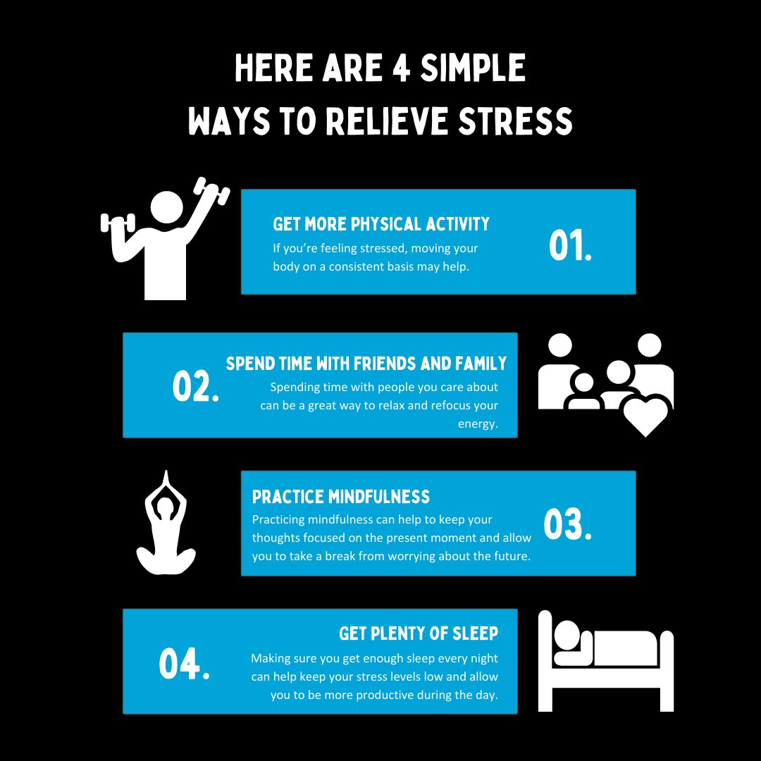 Take a deep breath and let's talk about stress. It's National Stress Awareness Month, let's break the stigma and prioritize our mental health! 

Here are 4 simple ways to relieve stress, try these out yourself! 
#StressAwarenessMonth #MentalHealthMatters #ClarkeTelecom
