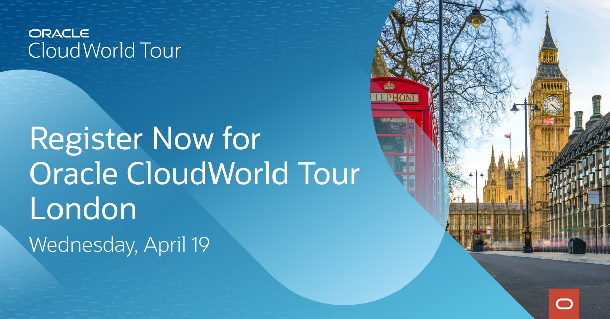 Learn and be inspired at Oracle #CloudWorld Tour #London, April 19th. 🗓️
 
Register now to attend the one-day event filled with endless opportunities to connect, collaborate and learn about all the benefits of <a href="/Oracle/">Oracle</a> #cloud. social.ora.cl/6014OGZ2E #OCW