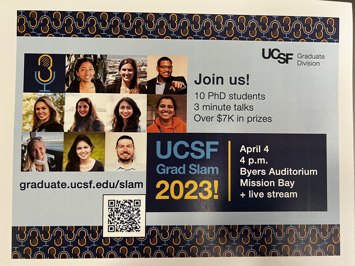 Can I actually tell you about my graduate work in only 3 minutes? Come find out and hear about all the cool work being done at UCSF by tuning into UCSF grad slam today at 4pm PST! #GradSlam #UCSFGradSlam  

graduate.ucsf.edu/watch-grad-sla…
