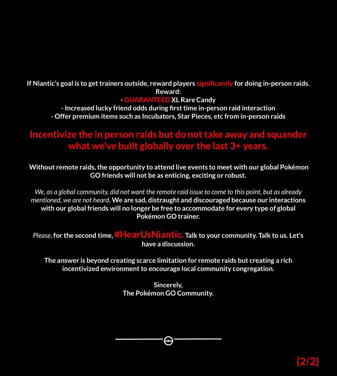 Here we go once &amp; hopefully for the last time we EVER have to do this. 
I stand in solidarity with the #PokémonGo community. No player left behind, it’s time to #HearUsNiantic.

Here is the petition  change.org/p/save-remote-…

<a href="/PokemonGoApp/">Pokémon GO</a> <a href="/NianticHelp/">Niantic Support</a>