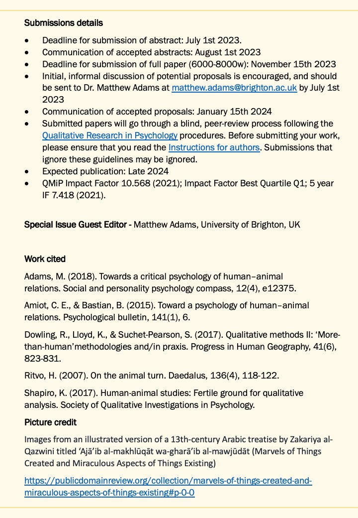 mattadams0's tweet photo. Call for Papers - Special Issue of Qualitative Research in Psychology. Qualitative methods in psychology after the animal turn: human-animal &amp; multispecies relations. Pls share/DM me for info @BasnTweets @AnimalResNexus @CfHAS @QMiP @QualPsy  @asi_org @AnimalHistories @DogUmwelt https://t.co/SCOVWxzjmP