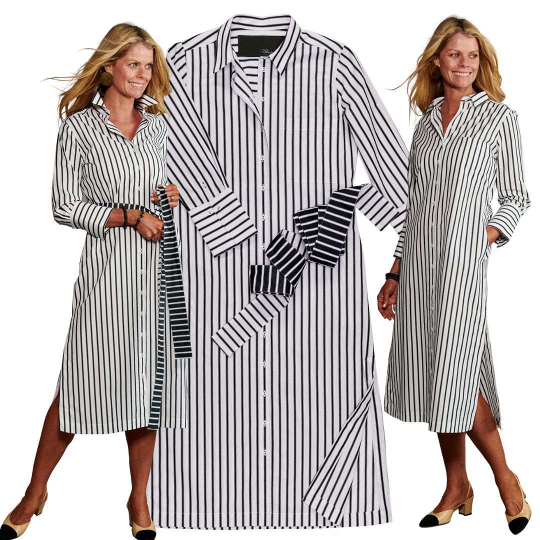Nothing is better than a crisp white striped shirtdress. The peached cotton fabric (it feels as soft as the skin of a peach) is completely opaque and features ebony stripes and an optional tie belt. #shirtdress