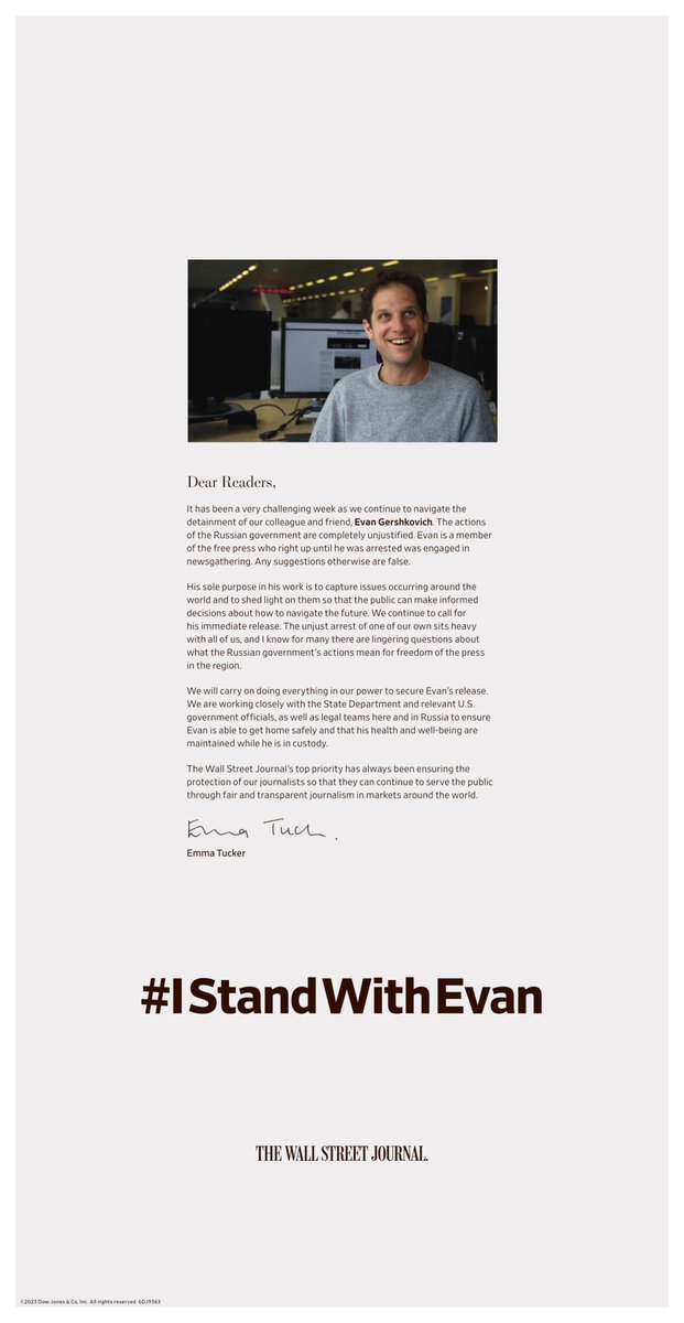 “We will carry on doing everything in our power to secure Evan’s release.”

Appearing in today’s print edition of The Wall Street Journal, a note to readers from <a href="/WSJ/">The Wall Street Journal</a> Editor in Chief @EmmaTuckerWSJ as we continue to push for Evan's safe return. #IStandWithEvan