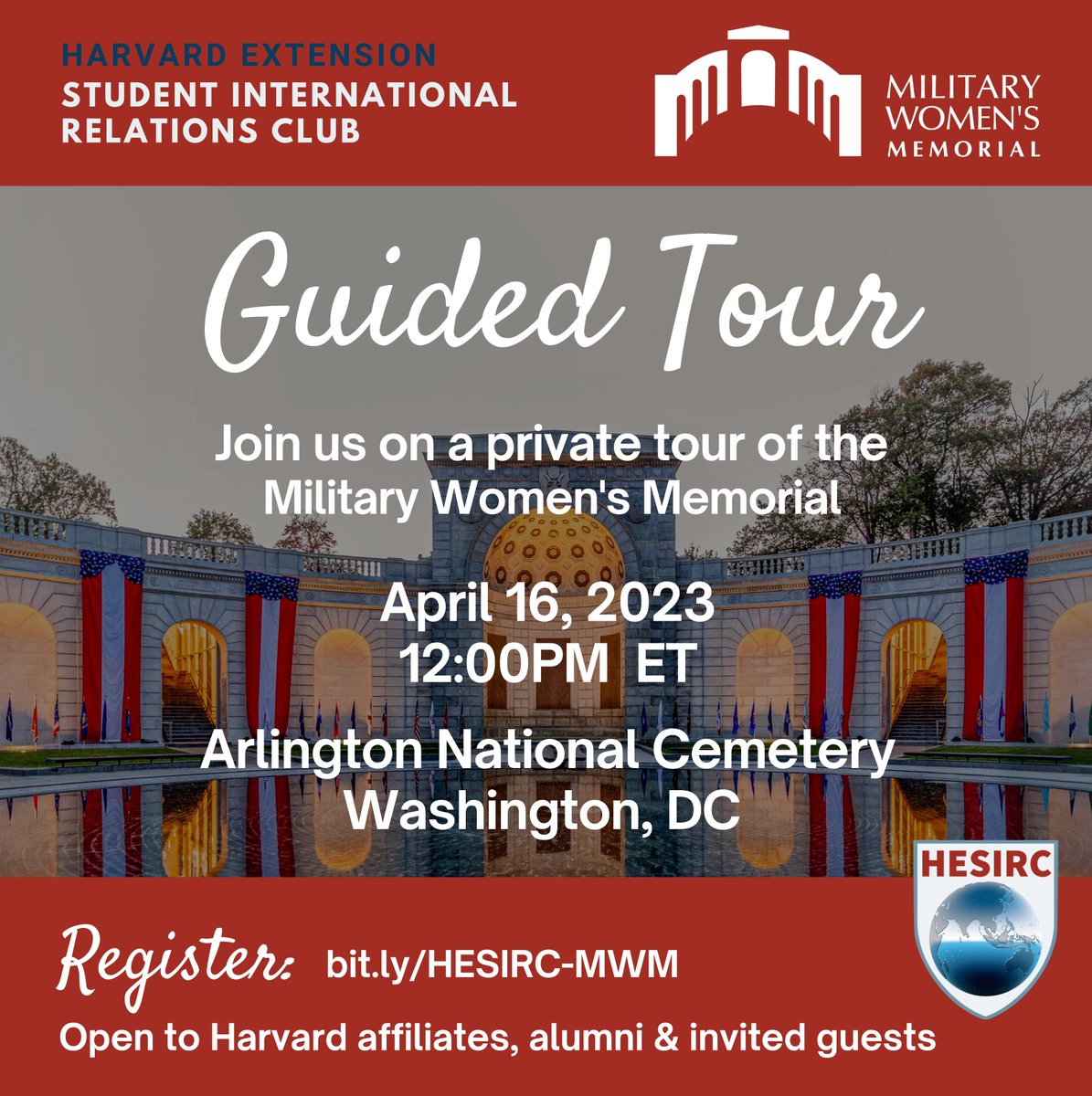 HarvardESIRSC's tweet photo. The HESIRC in conjunction with the Military Women's Memorial (https://t.co/p3iIivwGqg) is hosting a private guided tour of the Military Women's Memorial museum and exhibits. This tour is open to all Harvard affiliates, alumni &amp; invited guests.  

Register: https://t.co/sqem4ypM6W https://t.co/UIvyTzxFEN