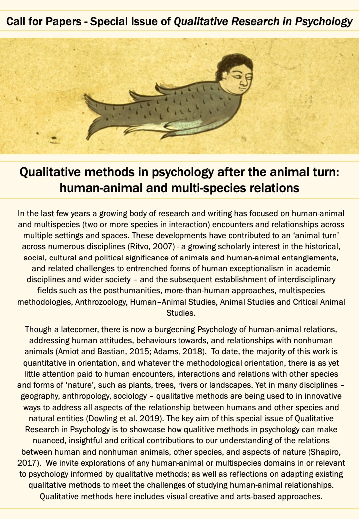 mattadams0's tweet photo. Call for Papers - Special Issue of Qualitative Research in Psychology. Qualitative methods in psychology after the animal turn: human-animal &amp; multispecies relations. Pls share/DM me for info @BasnTweets @AnimalResNexus @CfHAS @QMiP @QualPsy  @asi_org @AnimalHistories @DogUmwelt https://t.co/SCOVWxzjmP