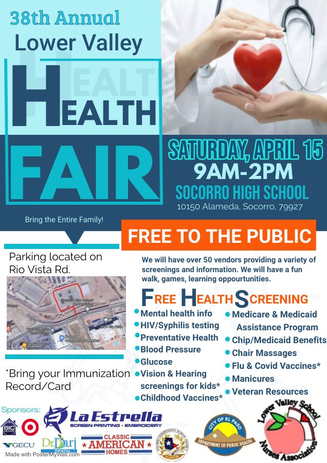 City_of_Socorro's tweet photo. The Lower Valley Nurses Association and @SocorroISD Nurses invite you to their upcoming FREE Health Fair on April 15th at Socorro High School! Open to the public! Come out for free health screenings and many activities!
#FREEHealthFair #SocorroProud https://t.co/XUYGZTIUL7