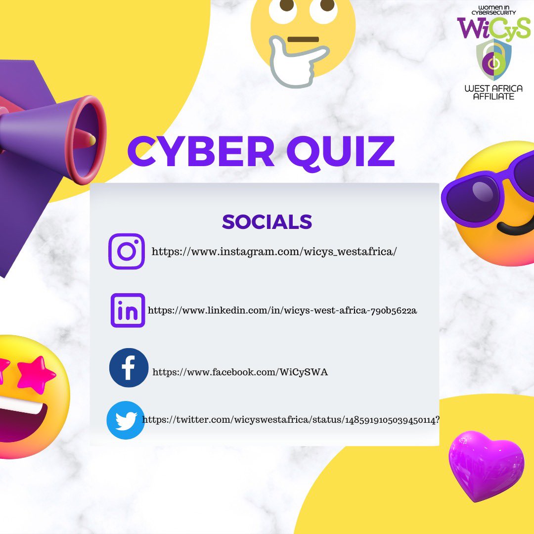 WiCySWestAfrica's tweet image. Introducing our weekly *Cyber Quiz!!*🎉🎉

Get ready to quiz this and every Tuesday!

#WicysWA #CyberQuiz
