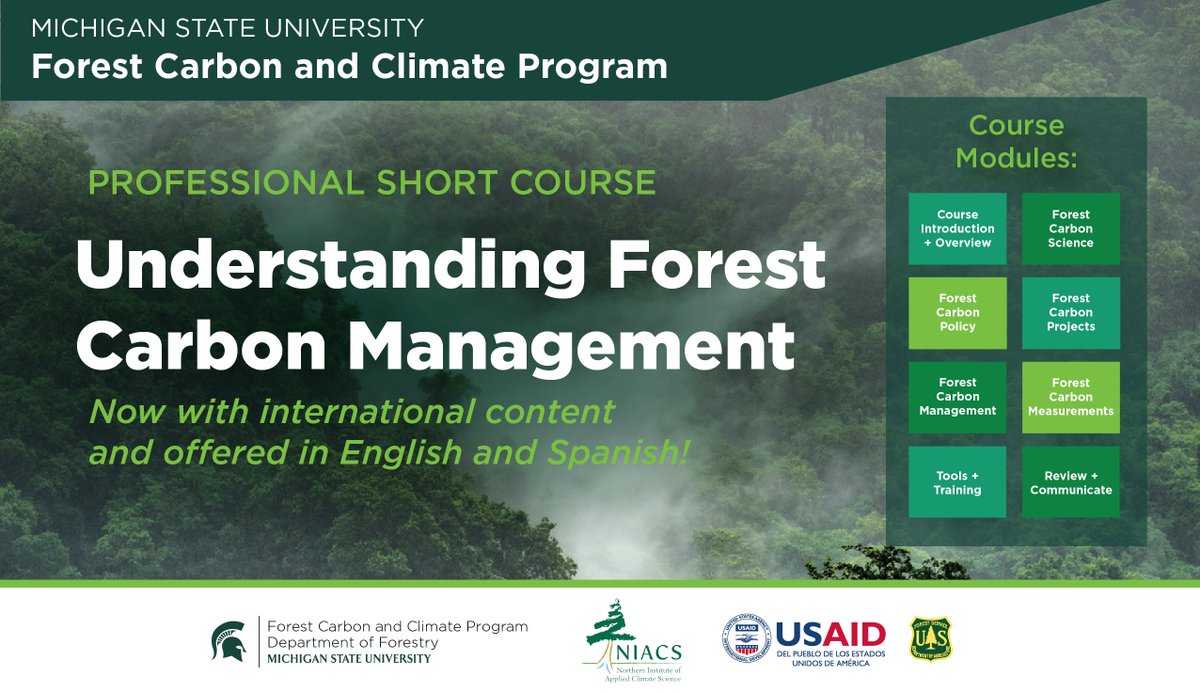 The May 9th course period for our Understanding Forest Carbon Management short course is starting soon! To gain a greater knowledge of the connections between #forests, #carbon, and #climate decision-making, register now! bit.ly/3hApxl7 <a href="/USAID/">USAID</a> <a href="/TheNIACS/">Northern Institute of Applied Climate Science</a> <a href="/forestservice/">USDA Forest Service</a>