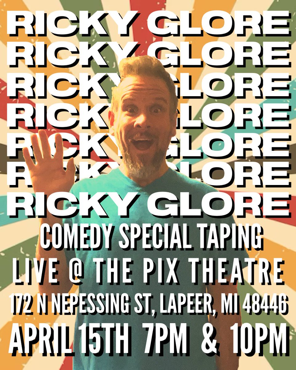RickyGlore's tweet photo. GET YOUR TIX NOW!
https://t.co/j8bwjakZur
My next special is being filmed at The Pix Theatre in LAPEER MI on Saturday 4/15 at 7pm & 10pm by @fbtcomedy
#standupcomedy #comedyspecial #livecomedy #standup #fourbythree #fourbythreecomedy #michigan #lapeer #lapeermichigan https://t.co/ugCsTzTd8G