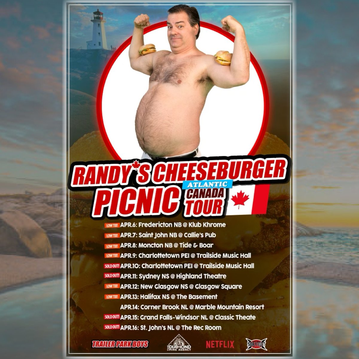 Randy's Cheeseburger Picnic Atlantic Canada Tour starts in two days!🇨🇦

Get your tickets to the gut show before it's too late! 🍔 bit.ly/RCBP-AC

#CheeseburgerPicnic #Fredricton #SaintJohn #Moncton #NewGlasgow #Halifax #CornerBrook #AtlanticCanada