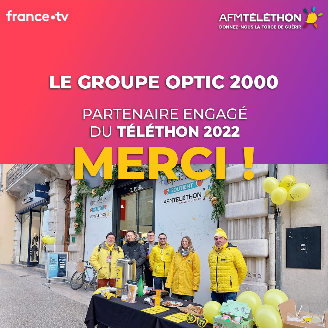 Grand merci à <a href="/optic2000/">Groupement Optic 2000</a>, à ses collaborateurs en magasin et au siège qui se mobilisent toute l’année pour soutenir notre association. 

Pour le #Téléthon2022, ils ont permis de collecter 1 035 000 € !

MERCI 💛