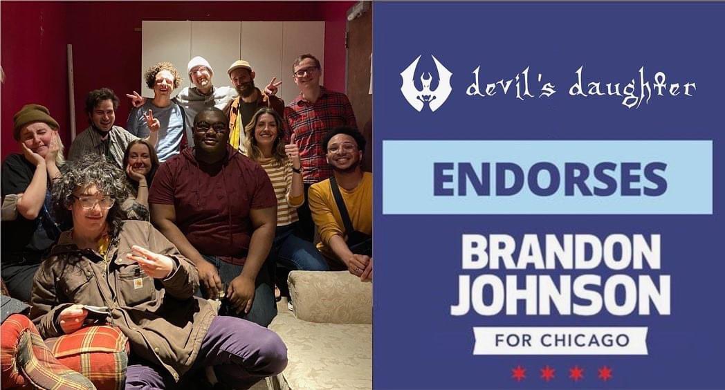 devilsdaugh's tweet photo. We might embody evil in improv shows but we’d like to keep it out of city hall. We endorse Brandon Johnson for Mayor of Chicago and we think you should vote for him on Tuesday April 4th if you believe that ALL Chicagoans deserve equity and justice. https://t.co/YYGyHOgXzY