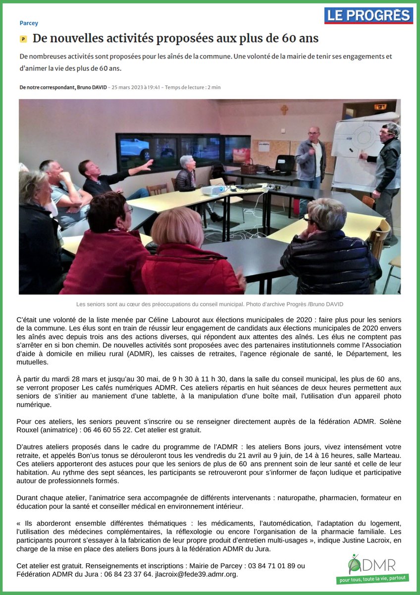 ADMRduJura's tweet photo. #presse #ADMR #Jura #Parcey 
🗞 https://t.co/oaJYjhvDG3
➡️ Pour en savoir plus sur l'atelier "Cafés Numériques" #BusAPI, contactez Solène ROUXEL au 📞 06 46 60 55 22 !
➡️ Pour en savoir plus sur l'atelier "Bon'us Tonus" #ABJ, contactez Justine LACROIX au 📞 06 84 23 37 64 ! https://t.co/urM2VBGNNG