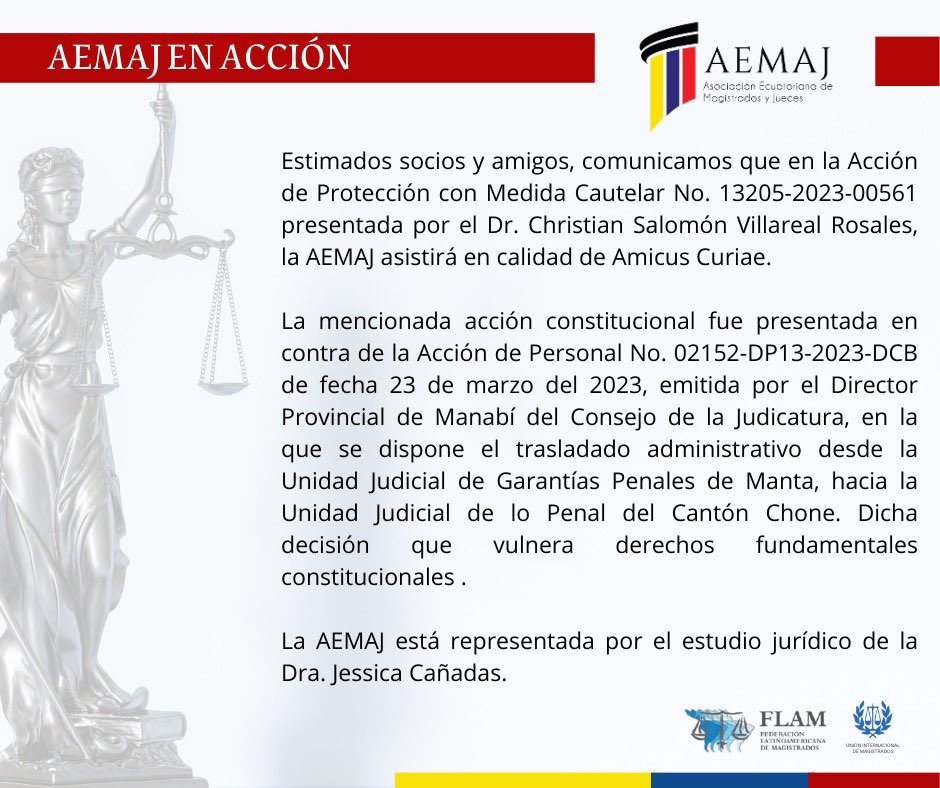 AsoJuecesEc's tweet photo. #AEMAJenAcción Comunicamos que en la Acción de Protección con Medida Cautelar No. 13205-2023-00561 presentada por el Dr. Christian Villareal, la AEMAJ asistirá en calidad de Amicus Curiae.
 
La Asociación está representada por el estudio jurídico de la Dra. @JessicaCanadas https://t.co/vH5hyNcvQG
