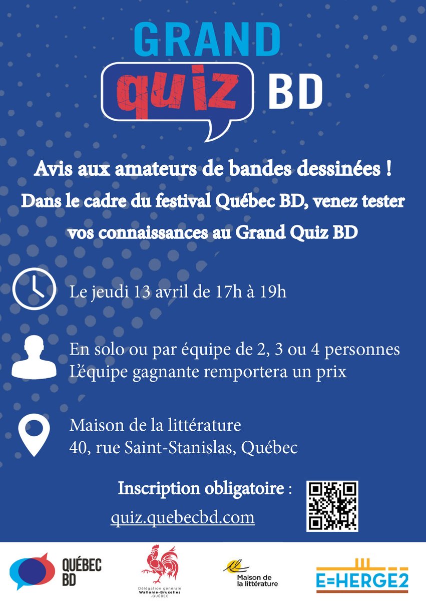 Envie de venir tester vos connaissances sur le 9ème art ? Ne manquez pas votre chance de participer au #GrandQuizBD 2023 !  Présenté par @Walbru_QC <a href="/quebecbd/">Québec BD</a> <a href="/eherge2/">E=Hergé 2</a> et Maison de la littérature de Québec.

#Walloniebruxelles #Québec 
#francophonie #9art #quiz #quiseralemeilleur